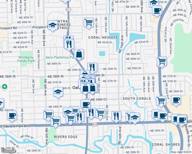 map of restaurants, bars, coffee shops, grocery stores, and more near 3725 Northeast 13th Avenue in Oakland Park