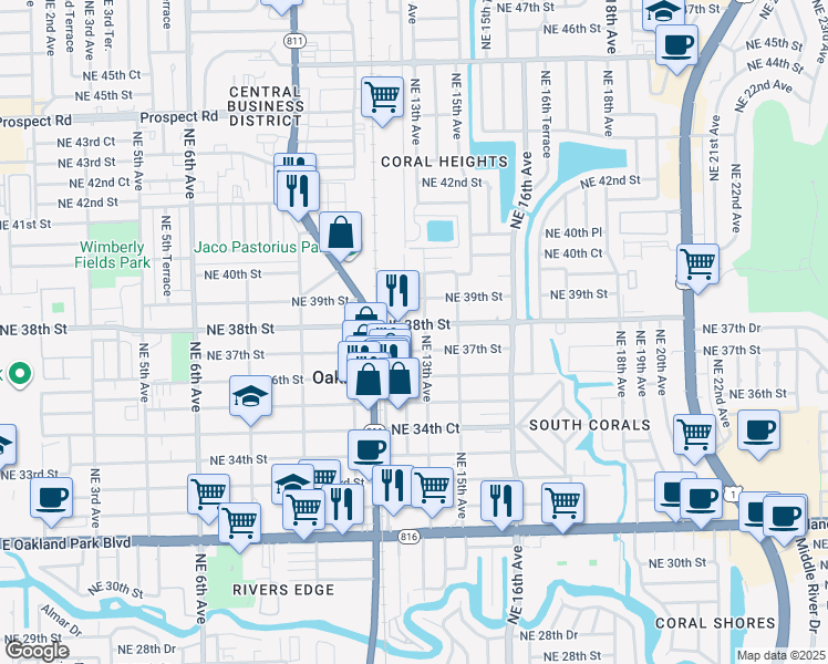 map of restaurants, bars, coffee shops, grocery stores, and more near 3725 Northeast 13th Avenue in Oakland Park