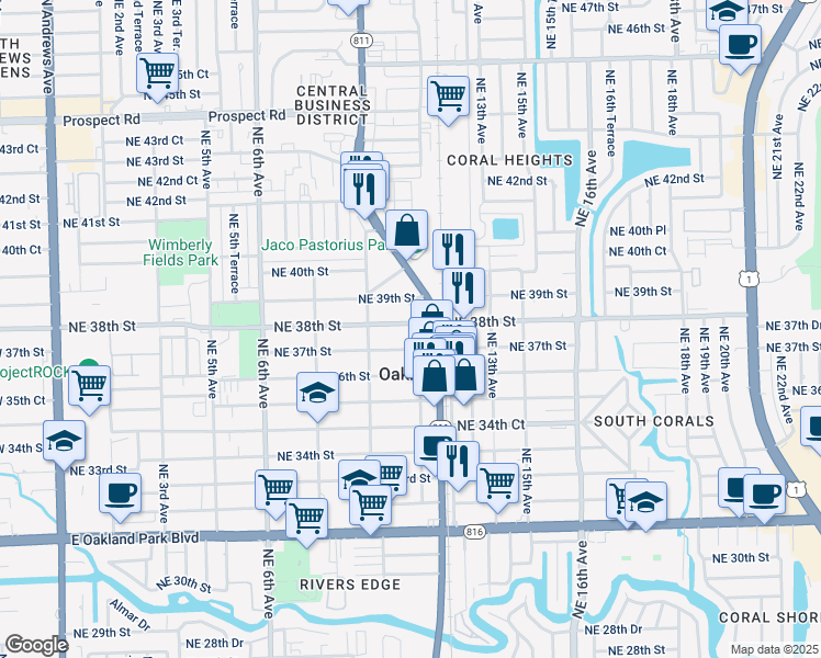 map of restaurants, bars, coffee shops, grocery stores, and more near 1077 Northeast 37th Street in Oakland Park