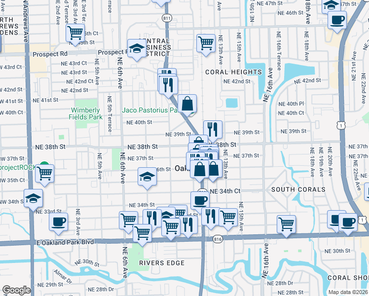 map of restaurants, bars, coffee shops, grocery stores, and more near 1077 Northeast 37th Street in Oakland Park