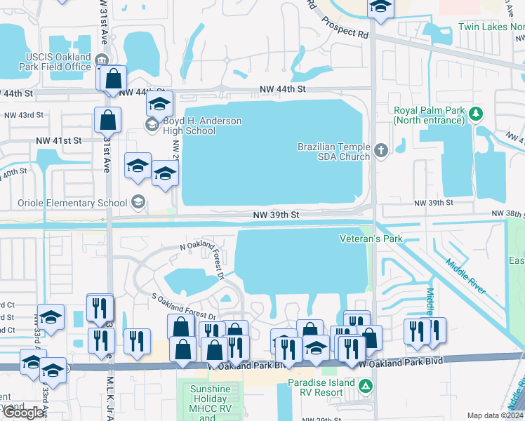 map of restaurants, bars, coffee shops, grocery stores, and more near 116 Lake Emerald Drive in Oakland Park