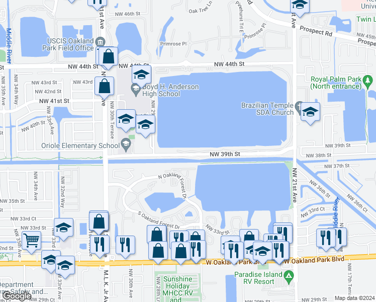 map of restaurants, bars, coffee shops, grocery stores, and more near 538 Northwest 39th Street in Oakland Park