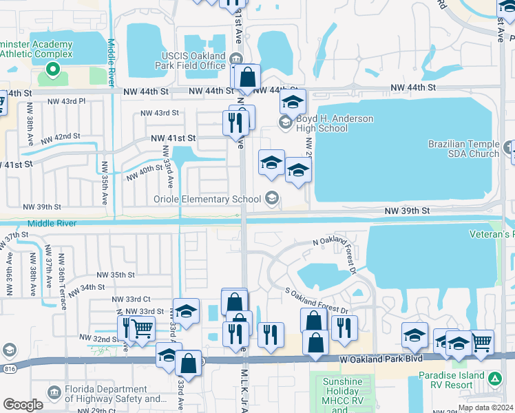 map of restaurants, bars, coffee shops, grocery stores, and more near 3901 Northwest 30th Terrace in Lauderdale Lakes