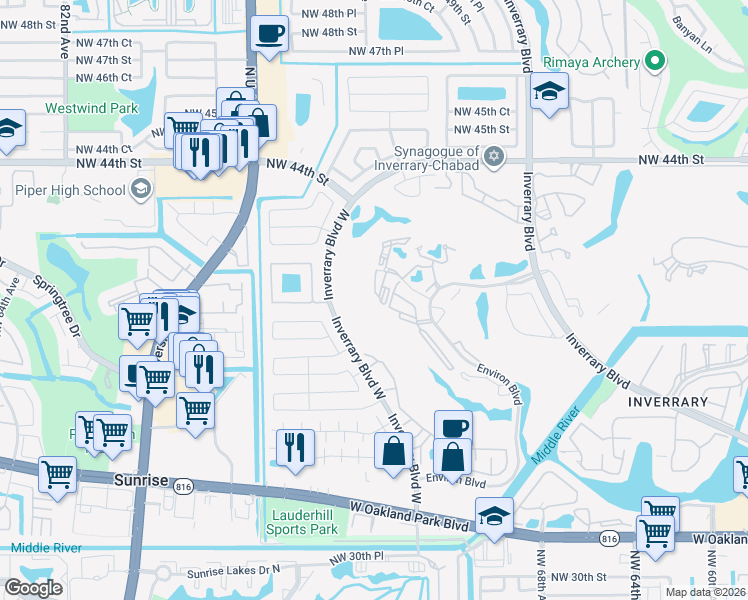 map of restaurants, bars, coffee shops, grocery stores, and more near 7399 Radice Ct in Lauderhill