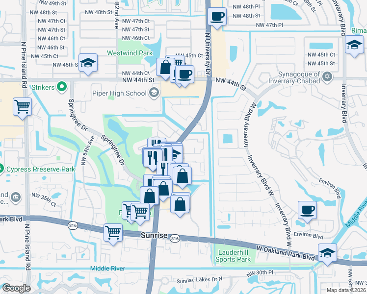 map of restaurants, bars, coffee shops, grocery stores, and more near 4000 Del Rio Way in Sunrise
