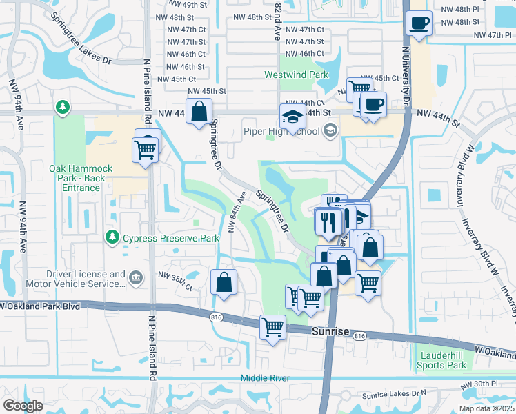 map of restaurants, bars, coffee shops, grocery stores, and more near 3601 Northwest 83rd Avenue in Sunrise