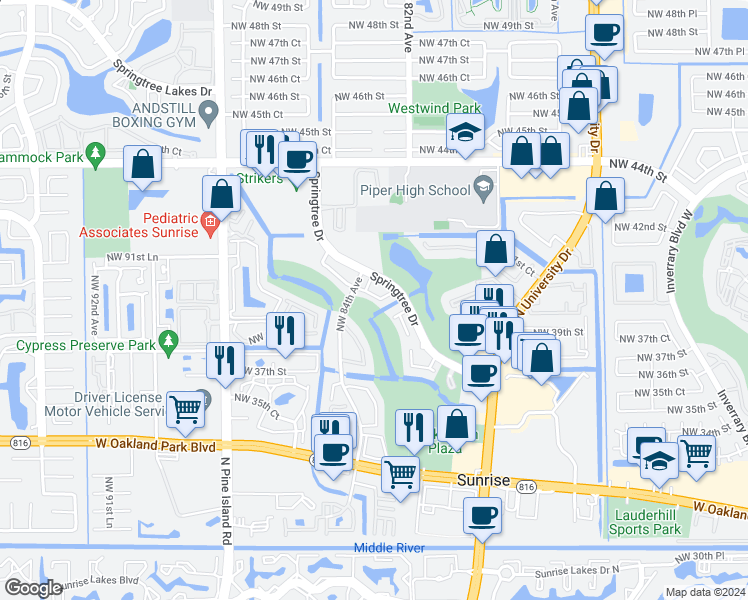 map of restaurants, bars, coffee shops, grocery stores, and more near 8393 Northwest 37th Place in Sunrise