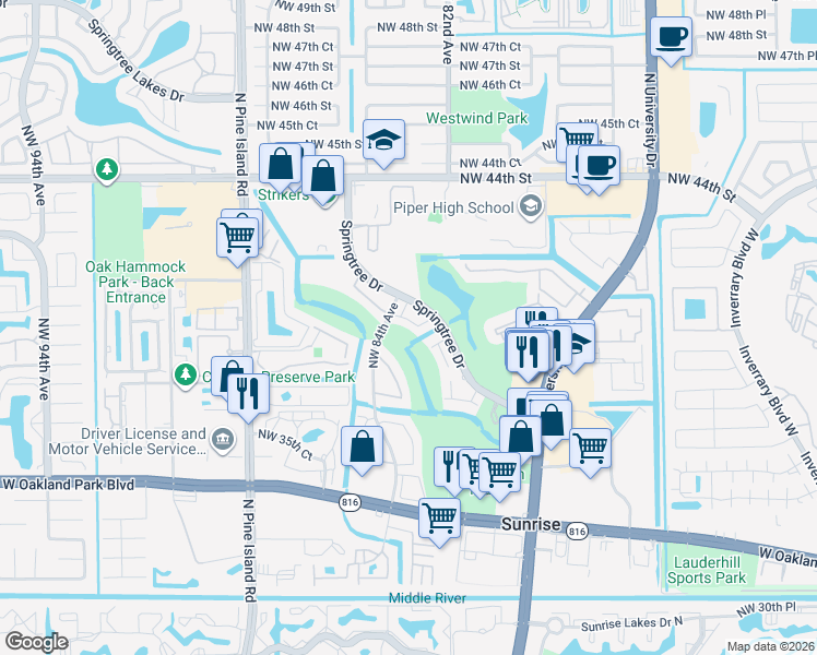 map of restaurants, bars, coffee shops, grocery stores, and more near 8393 Northwest 37th Place in Sunrise