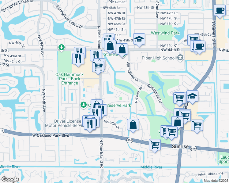 map of restaurants, bars, coffee shops, grocery stores, and more near 8771 Northwest 39th Street in Sunrise