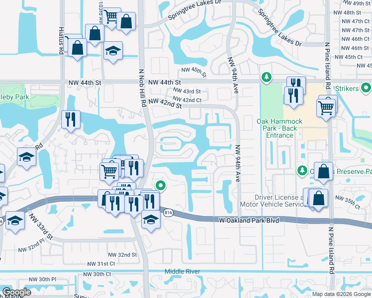 map of restaurants, bars, coffee shops, grocery stores, and more near 580 Nob Hill Court in Sunrise