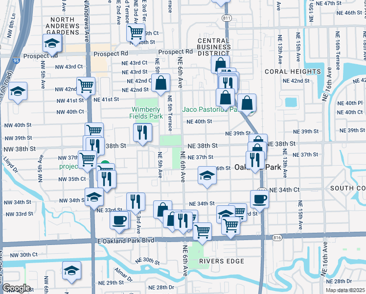 map of restaurants, bars, coffee shops, grocery stores, and more near 600 Northeast 38th Street in Oakland Park