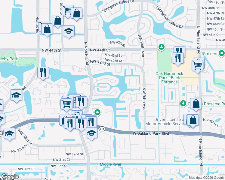 map of restaurants, bars, coffee shops, grocery stores, and more near 580 Nob Hill Court in Sunrise