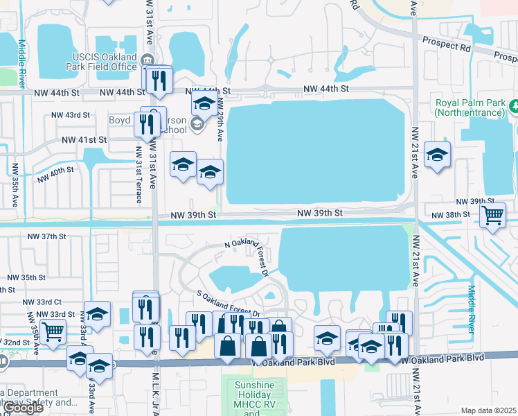 map of restaurants, bars, coffee shops, grocery stores, and more near 118 Lake Emerald Drive in Oakland Park