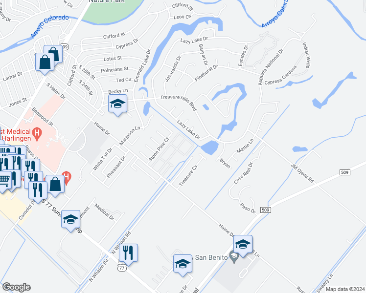 map of restaurants, bars, coffee shops, grocery stores, and more near 2901 Haine Drive in Harlingen