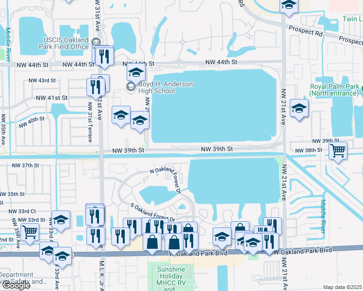 map of restaurants, bars, coffee shops, grocery stores, and more near 538 Northwest 39th Street in Oakland Park
