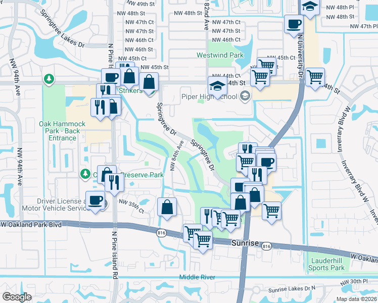 map of restaurants, bars, coffee shops, grocery stores, and more near 8393 Northwest 37th Place in Sunrise