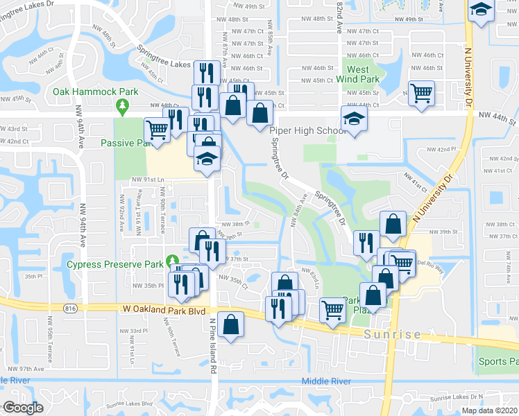 map of restaurants, bars, coffee shops, grocery stores, and more near 4062 Northwest 88th Avenue in Sunrise
