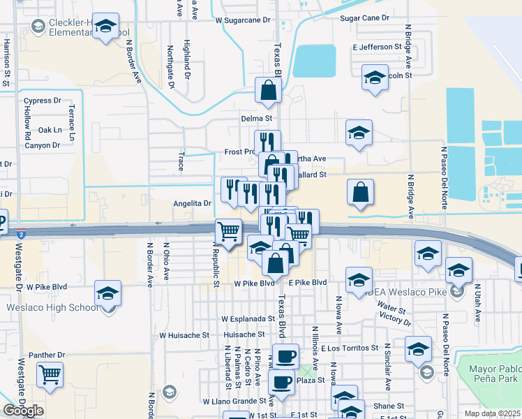 map of restaurants, bars, coffee shops, grocery stores, and more near 134-300 West Frontage Road in Weslaco