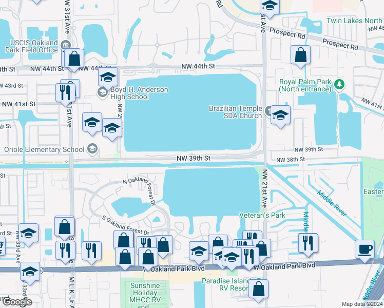map of restaurants, bars, coffee shops, grocery stores, and more near 115 Lake Emerald Drive in Oakland Park