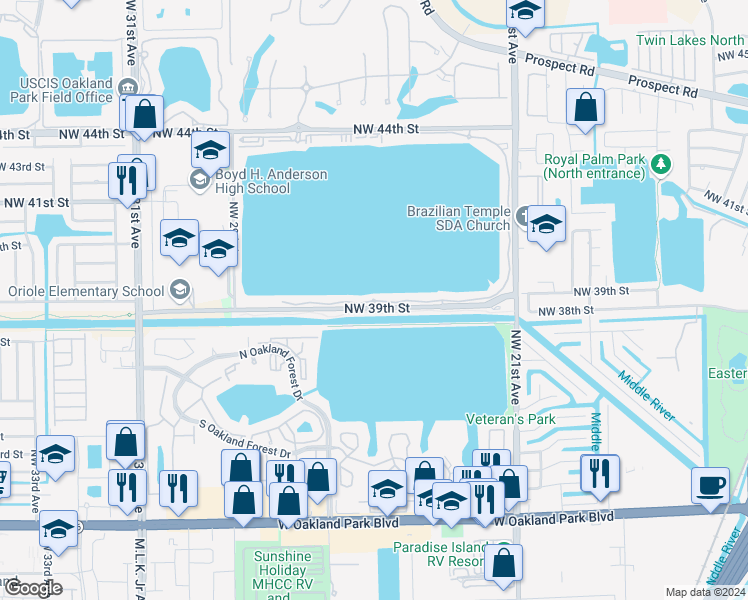 map of restaurants, bars, coffee shops, grocery stores, and more near 116 Lake Emerald Drive in Oakland Park