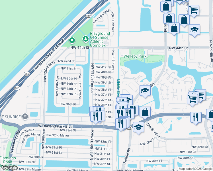 map of restaurants, bars, coffee shops, grocery stores, and more near 3810 Northwest 113th Terrace in Sunrise