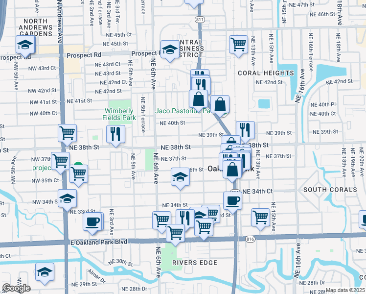 map of restaurants, bars, coffee shops, grocery stores, and more near 860 Northeast 38th Street in Oakland Park