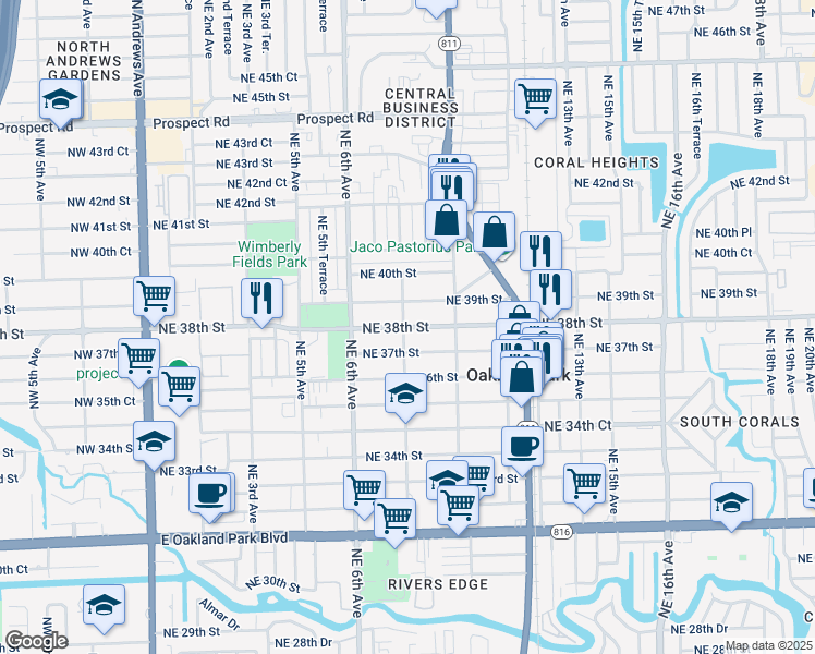 map of restaurants, bars, coffee shops, grocery stores, and more near 860 Northeast 38th Street in Oakland Park