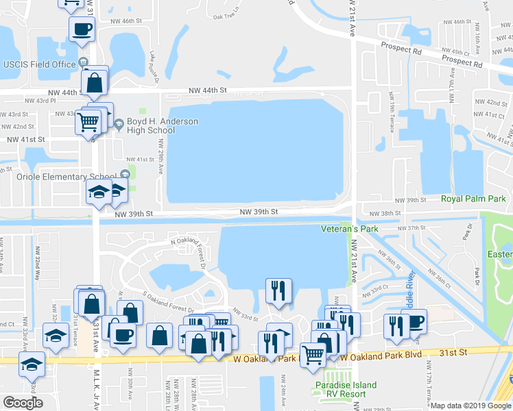 map of restaurants, bars, coffee shops, grocery stores, and more near 115 Lake Emerald Drive in Oakland Park