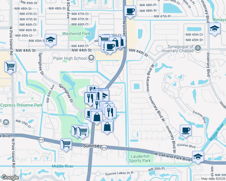 map of restaurants, bars, coffee shops, grocery stores, and more near 7755 Grande Street in Sunrise