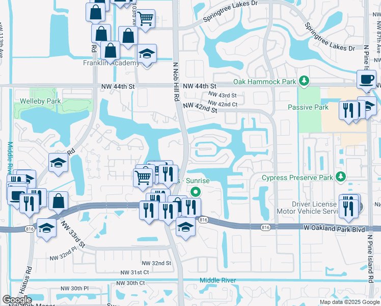 map of restaurants, bars, coffee shops, grocery stores, and more near 460 Nob Hill Court in Sunrise