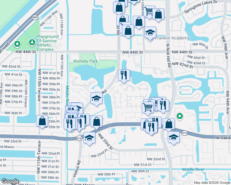 map of restaurants, bars, coffee shops, grocery stores, and more near 3761 Northwest 107th Way in Sunrise