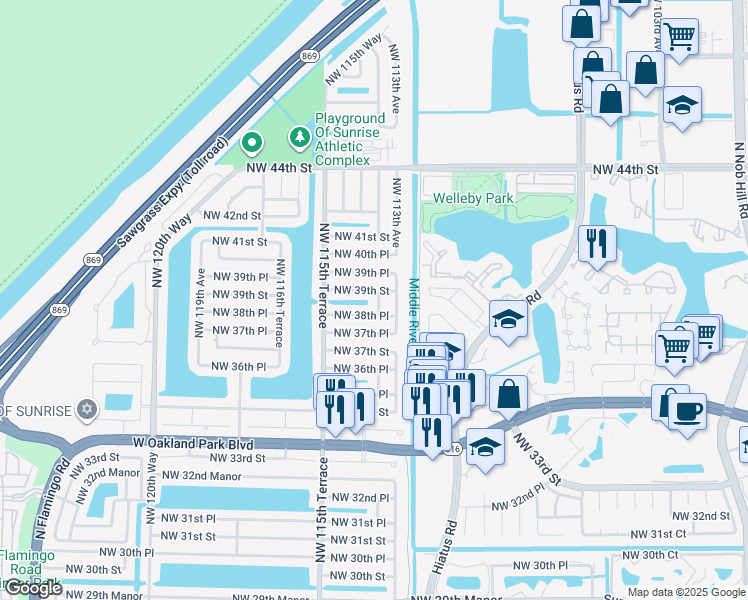 map of restaurants, bars, coffee shops, grocery stores, and more near 3810 Northwest 113th Terrace in Sunrise