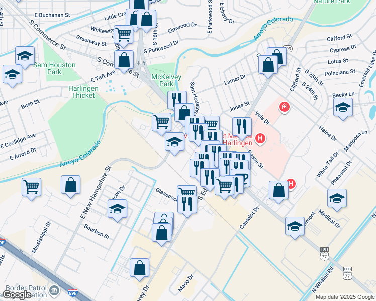 map of restaurants, bars, coffee shops, grocery stores, and more near 1310 Sam Houston Drive in Harlingen
