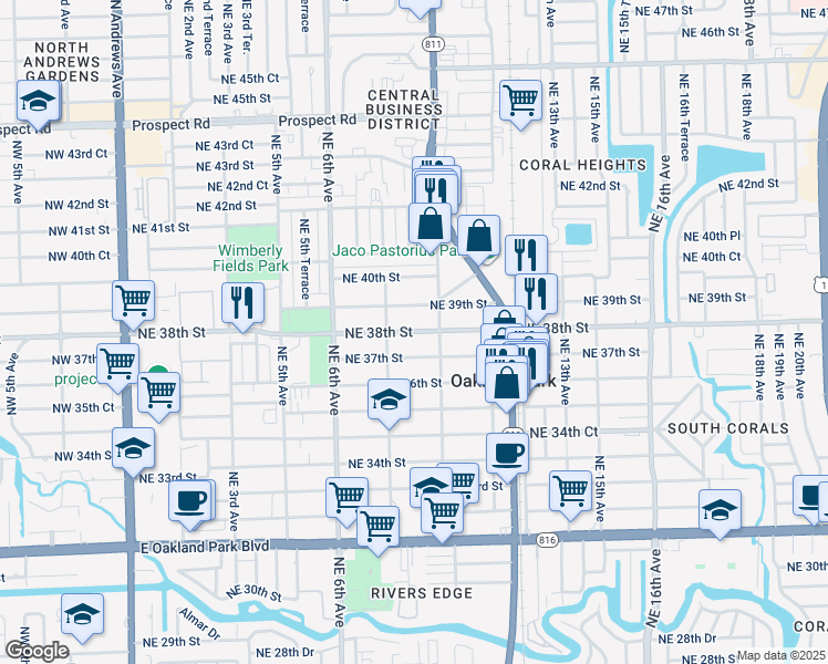 map of restaurants, bars, coffee shops, grocery stores, and more near 860 Northeast 38th Street in Oakland Park