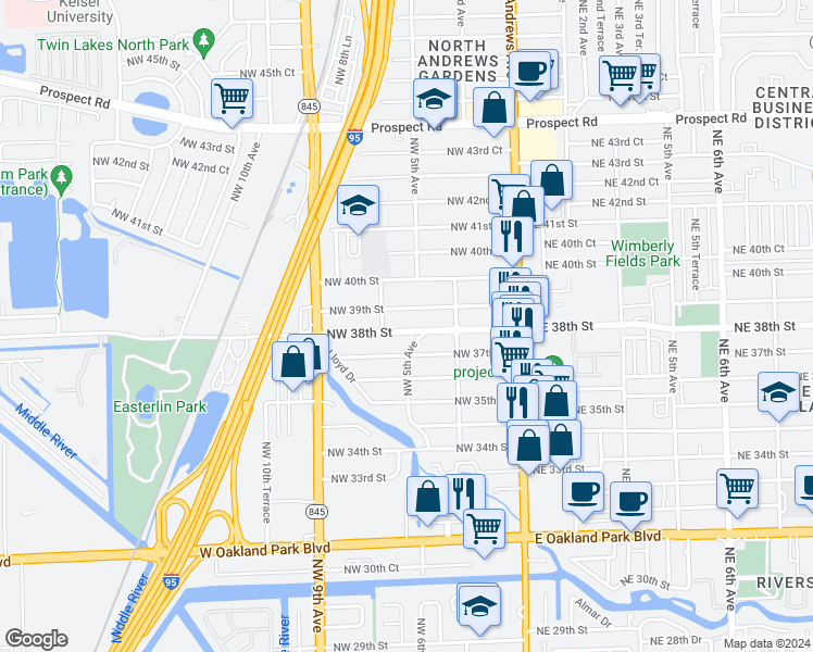 map of restaurants, bars, coffee shops, grocery stores, and more near 531 Northwest 38th Street in Oakland Park