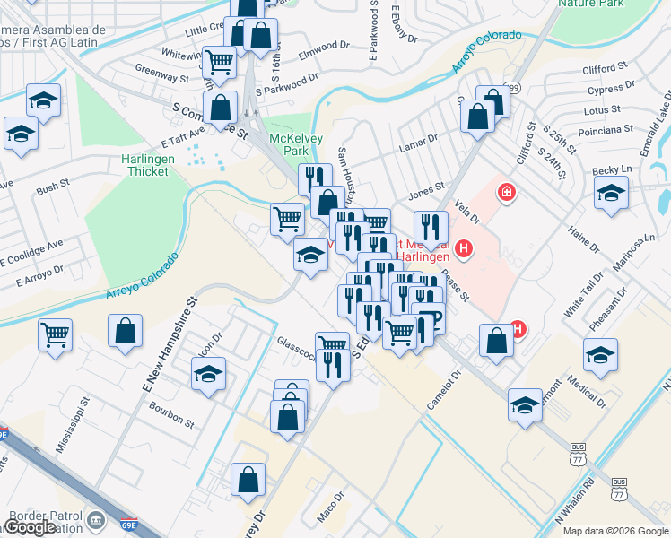 map of restaurants, bars, coffee shops, grocery stores, and more near 1310 Sam Houston Drive in Harlingen