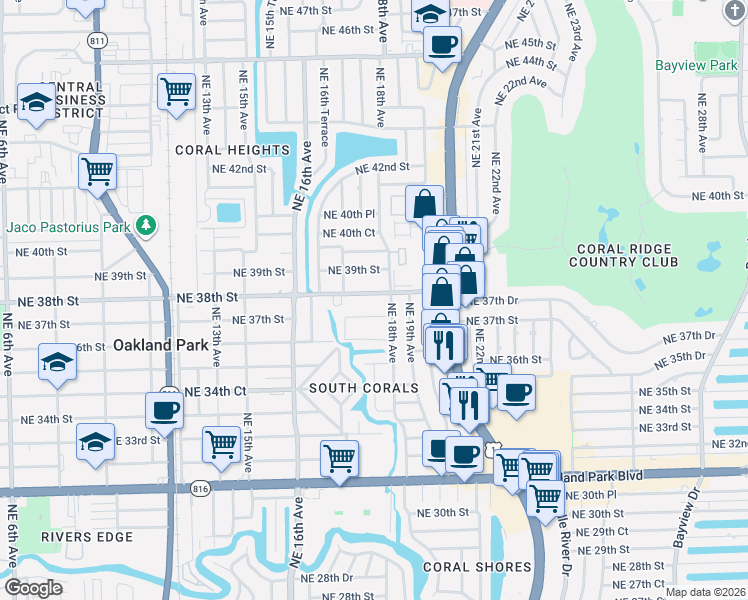 map of restaurants, bars, coffee shops, grocery stores, and more near 1762 Northeast 38th Street in Oakland Park