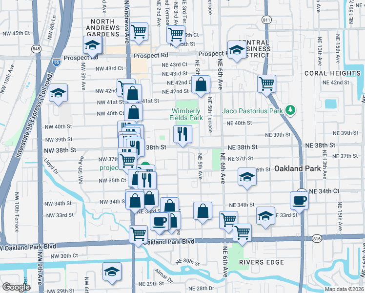 map of restaurants, bars, coffee shops, grocery stores, and more near 316 Northeast 38th Street in Oakland Park