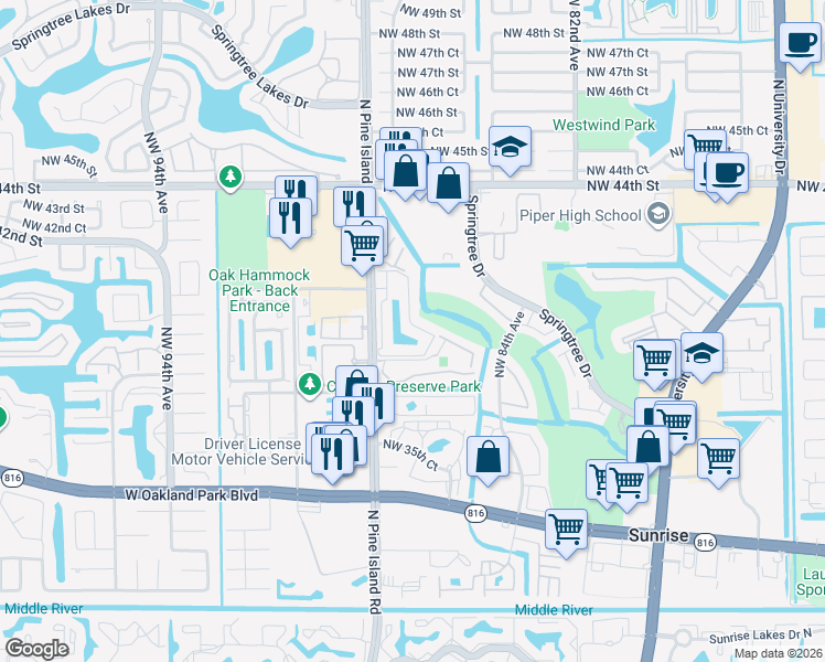 map of restaurants, bars, coffee shops, grocery stores, and more near 8771 Northwest 39th Street in Sunrise