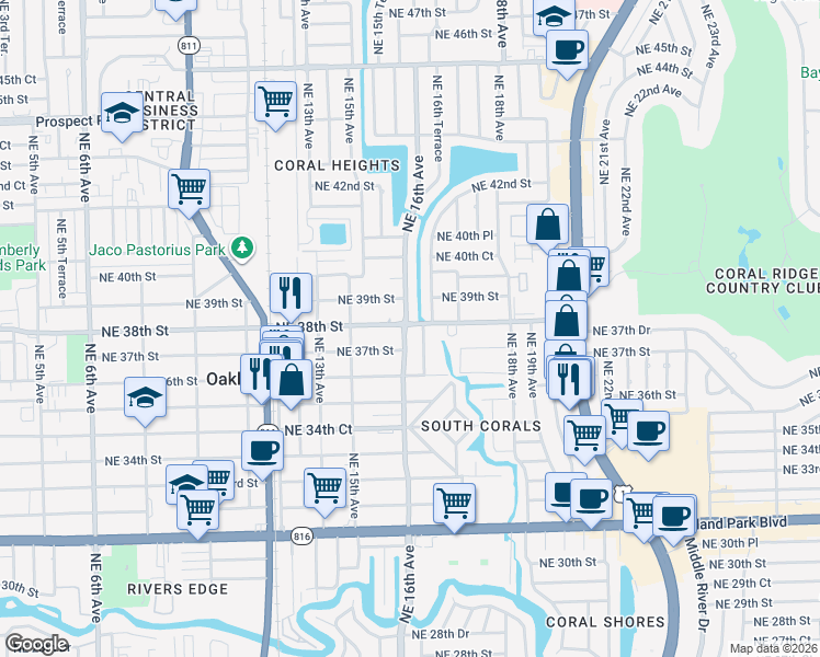 map of restaurants, bars, coffee shops, grocery stores, and more near 3720 Northeast 16th Terrace in Oakland Park