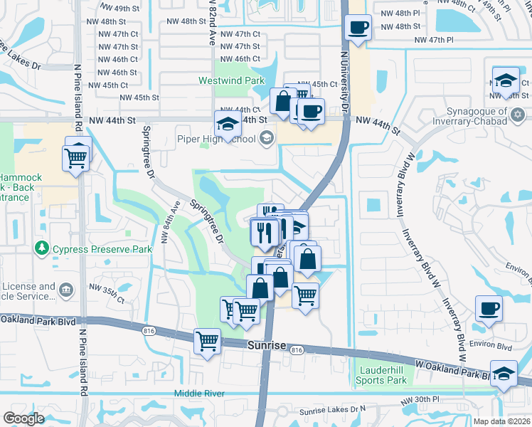 map of restaurants, bars, coffee shops, grocery stores, and more near 4007 North University Drive in Fort Lauderdale