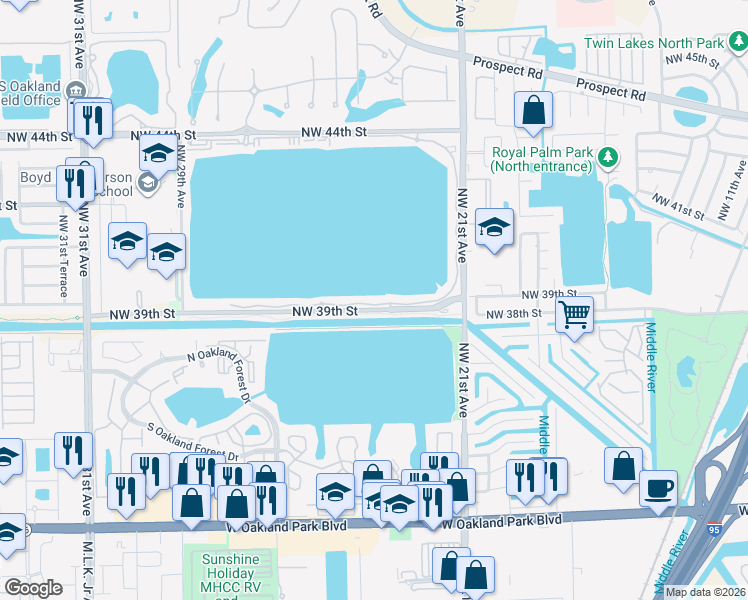 map of restaurants, bars, coffee shops, grocery stores, and more near 114 Lake Emerald Drive in Oakland Park