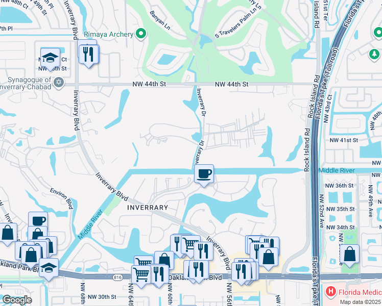 map of restaurants, bars, coffee shops, grocery stores, and more near 3805 Inverrary Drive in Lauderhill