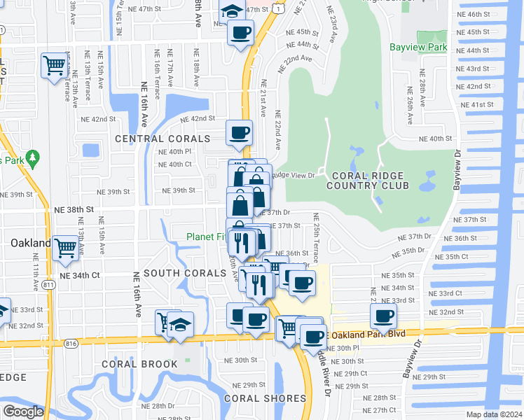 map of restaurants, bars, coffee shops, grocery stores, and more near 2209 Northeast 37th Street in Fort Lauderdale