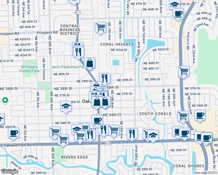 map of restaurants, bars, coffee shops, grocery stores, and more near 3725 Northeast 13th Avenue in Oakland Park