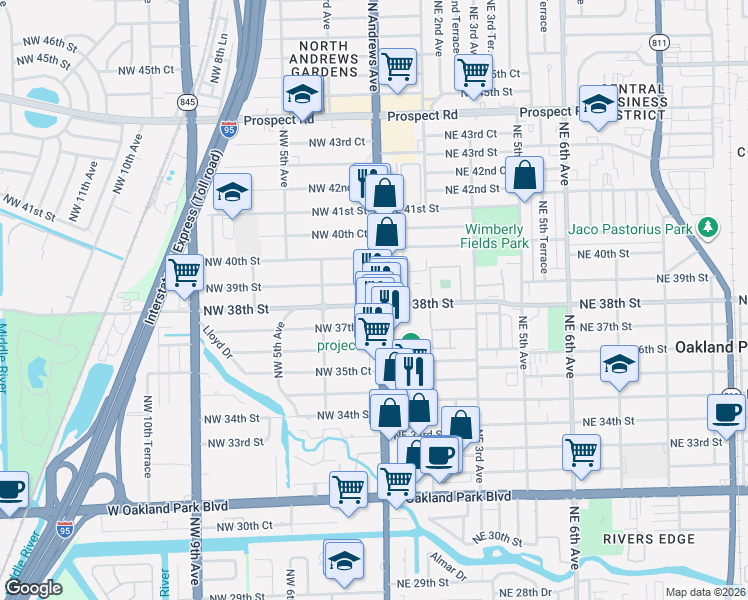 map of restaurants, bars, coffee shops, grocery stores, and more near 3762 North Andrews Avenue in Oakland Park