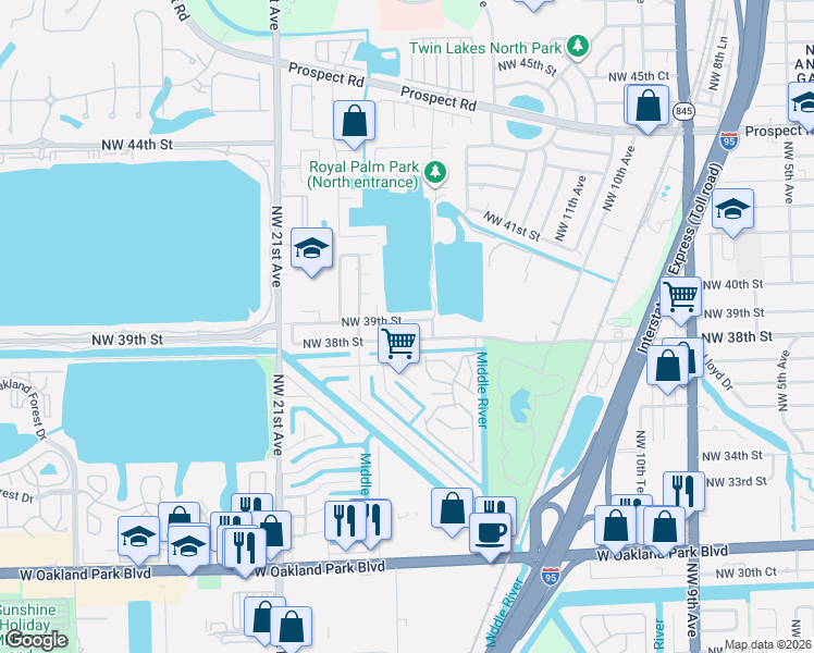 map of restaurants, bars, coffee shops, grocery stores, and more near 1736 Northwest 38th Street in Oakland Park
