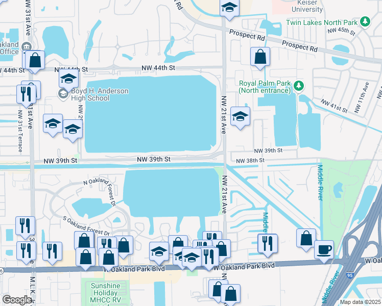 map of restaurants, bars, coffee shops, grocery stores, and more near 113 Northwest 39th Street in Oakland Park