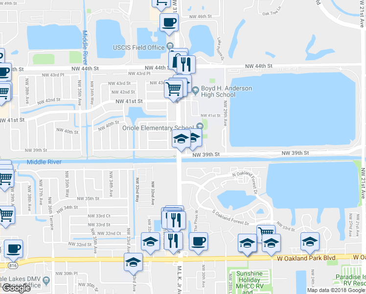 map of restaurants, bars, coffee shops, grocery stores, and more near 3901 Northwest 30th Terrace in Lauderdale Lakes