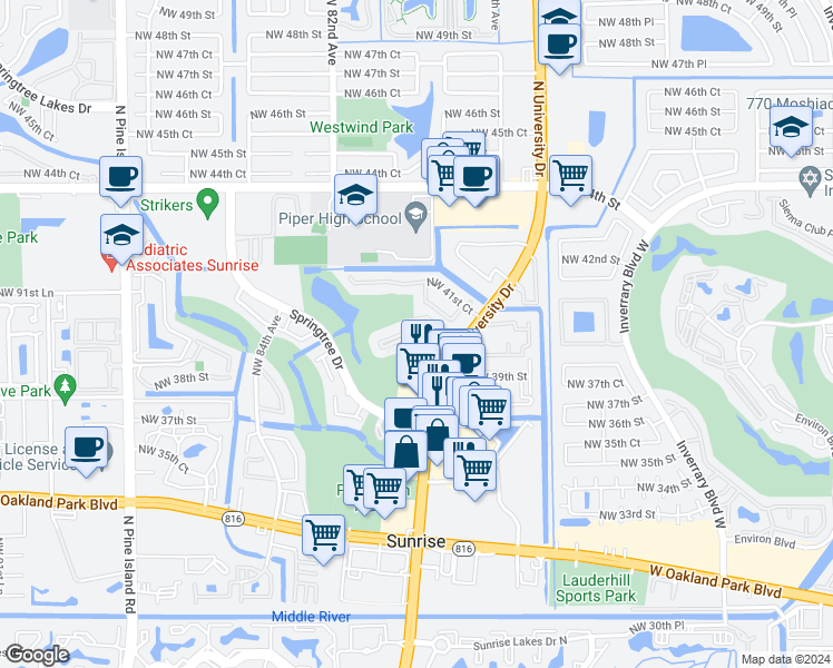 map of restaurants, bars, coffee shops, grocery stores, and more near 4015 North University Drive in Sunrise